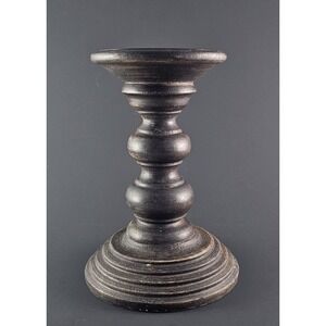 Rustic Dark Brown Wood Pillar Taper Candle Holder Distressed Home Decor 7in